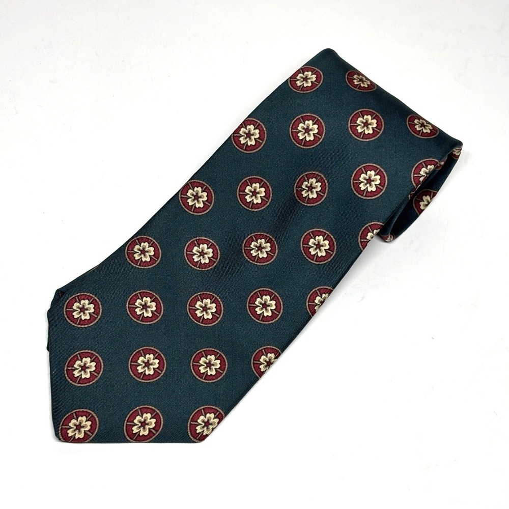 Claiborne Necktie Men OS Hunter Green Silk Medallion Floral Pattern Preppy